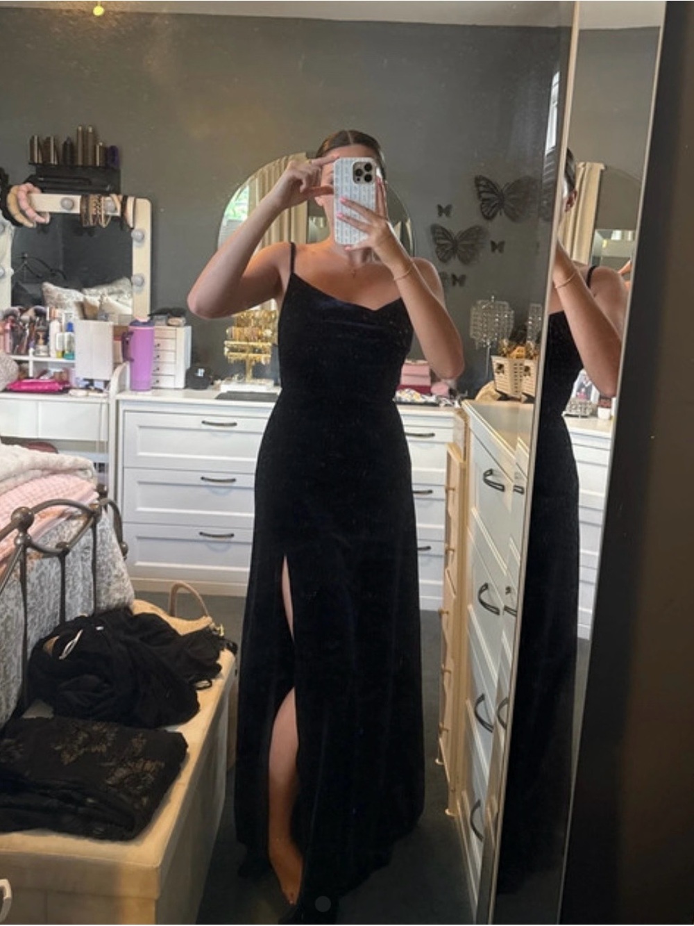 Lulus Navy Blue Velvet Dress With Thigh Slit